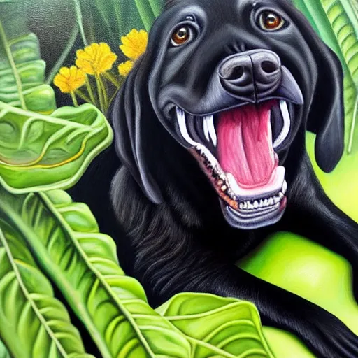 Prompt: realistic oil painting of a vicious black dog bearing its fangs next to brugmansia suaveolens flowers