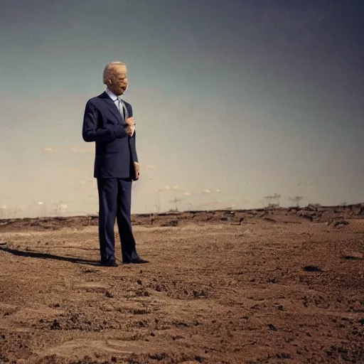 Image similar to a color photo taken from a distance of joe biden walking in a wasteland