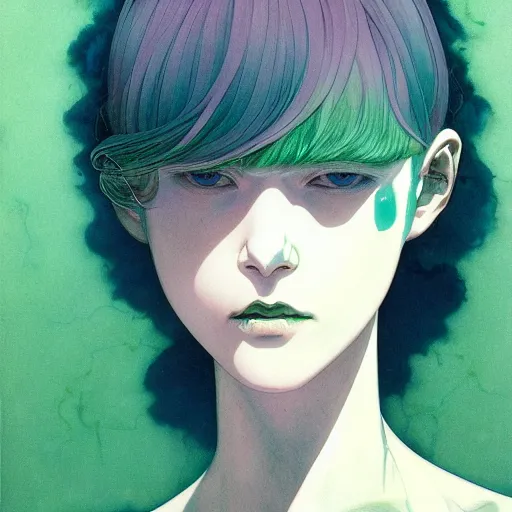 Image similar to prompt : pale violet and deep green portrait in water soft light painted by james jean and katsuhiro otomo and erik jones, inspired by evangeleon anime, smooth face feature, intricate oil painting, high detail illustration, sharp high detail, manga and anime 1 9 9 9