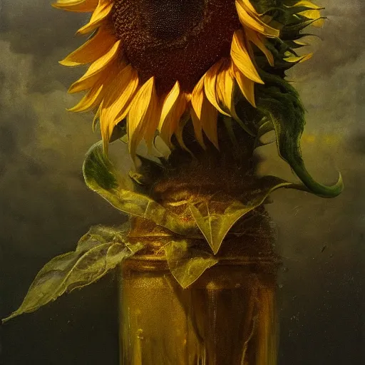 Prompt: a sunflower | highly detailed oil painting, hyperrealistic, very intrincate | cinematic lighting, award - winning | by rachel ruysch, giger, beksinski and bocklin | by austin osman spare and william blake, trending on artstation, cgsociety, official art, octane.
