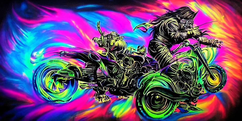 Image similar to psychedelic colorful blacklight airbrush artwork, motorcycles, stylized action shot of orc bikers riding motorcycles, menacing orcs, drifting, skidding, wheelie, clear focused details, soft airbrushed artwork, black background, cgsociety, artstation