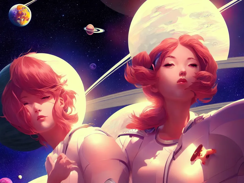 Prompt: lovely space girl flying to the saturn with her animal compaions, occlusion shadow, specular reflection, rim light, unreal engine, artgerm, artstation, art by hiroaki samura and ilya kuvshinov and ossdraws, high quality, intricate detailed 8 k, fantasy illustration, extremely beautiful and aesthetic shape of face and body, movie poster