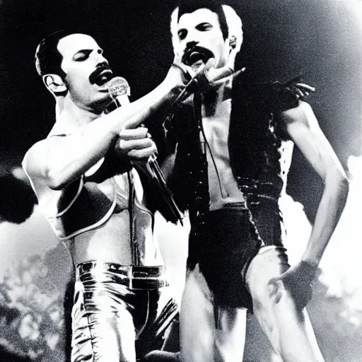 Prompt: freddy mercury singing on stage with 1 9 8 4 david lee roth. still photo by annie liebowitz.