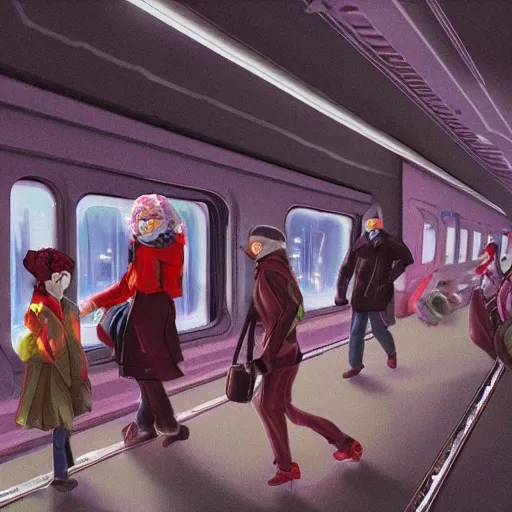 Image similar to fight between grandmas in the train moscow-ryazan, cyberpunk, neon, concept art