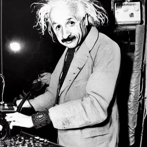 Image similar to photo of Albert Einstein DJing a record player at a nightclub, vintage, highly detailed facial features, at a nightclub