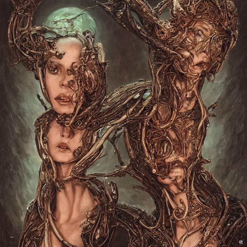 Image similar to beautiful and exotic alien queen bust portrait, glowering judging eyes, art nouveau declotage, perfect symmetrical facial features, hyperrrealistic bone structure, extremely hyperdetailed, mixed media painting, unreal engine, 8 k, octane, 8 mm, by travis charest, rodney matthews and chris achilleos