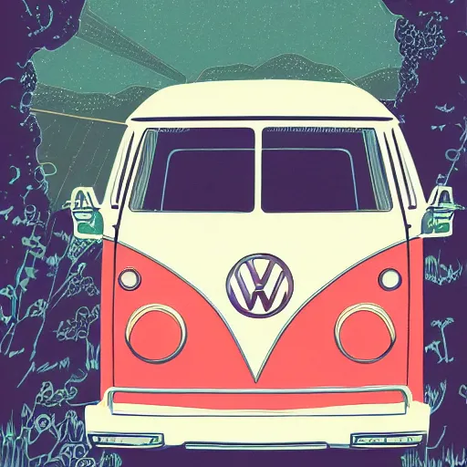 Image similar to illustration of an old van volkswagen, may 6 8, pastel colors, cool, hippie by victo ngai