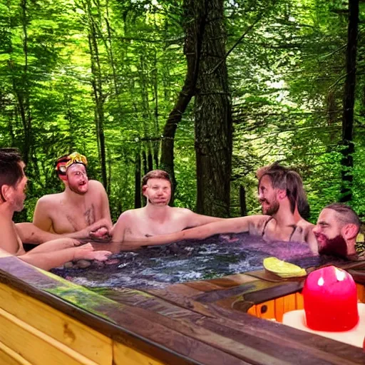 Prompt: hot tub rave outside a woodland cabin