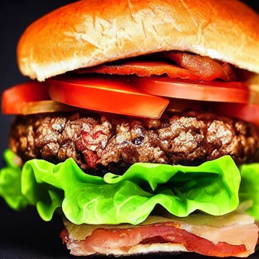 Prompt: most delicious hamburger ever created, very tall with layers of meat tomato lettuce cheese and bacon, professional food photography on black background, trending on instagram
