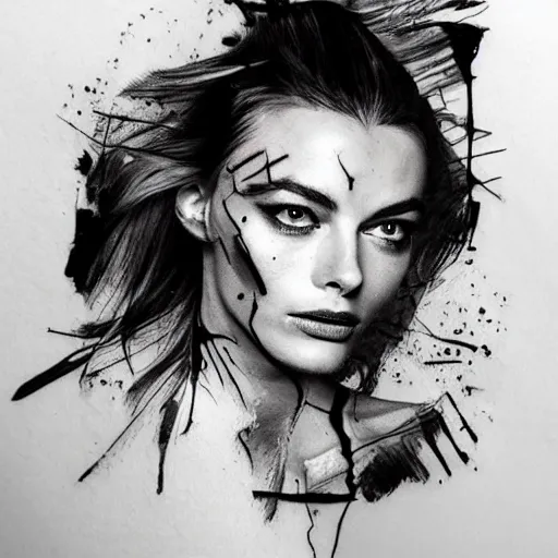 Image similar to double exposure tattoo design sketch of beautiful margot's robbie's face blended in beautiful mountains, in the style of matteo pasqualin, amazing detail