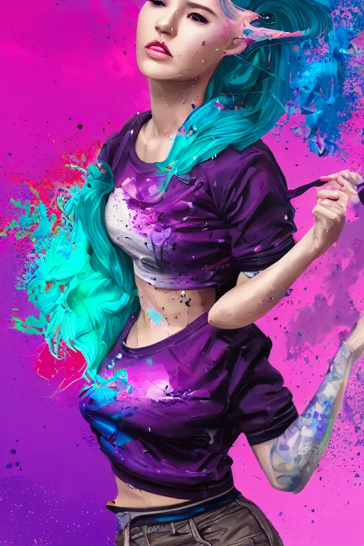 Image similar to a award winning half body portrait of a beautiful woman in a croptop and cargo pants with ombre purple pink teal hairstyle with head in motion and hair flying by artgerm, paint splashes, splatter, outrun, vaporware, shaded flat illustration, digital art, trending on artstation, highly detailed, fine detail, intricate