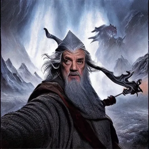 Image similar to Selfie taken by an overconfident Gandalf the Grey on the Bridge of Khazad Dum, a balrog looming in the background,