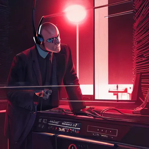 Image similar to agent 4 7 from hitman wearing headphones and listening to music in front of large stereo speakers surrounded by cables, black background, red rim light, highly detailed, smooth, sharp focus, art by cedric peyravernay