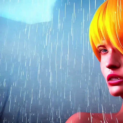 Prompt: cartoon portrait made out of rain, dancing in the clouds with splashes of neon colors, rendered in octane, unreal engine, highly detailed, beautiful