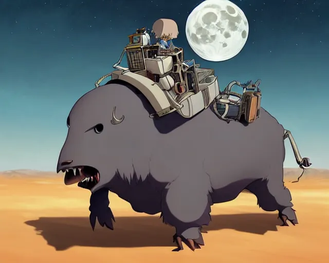 Prompt: a cell shaded cartoon grey lovecraftian mechanized buffalo from howl's moving castle ( 2 0 0 4 ), with a big head, on a desert road, wide shot, in front of a big moon, muted colors, post grunge, josan gonzales, wlop, by james jean, victor ngai, hq, deviantart, art by artgem