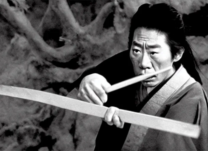 Image similar to a movie still of a samurai slicing through a loaf of bread, a movie by Akira Kurosawa