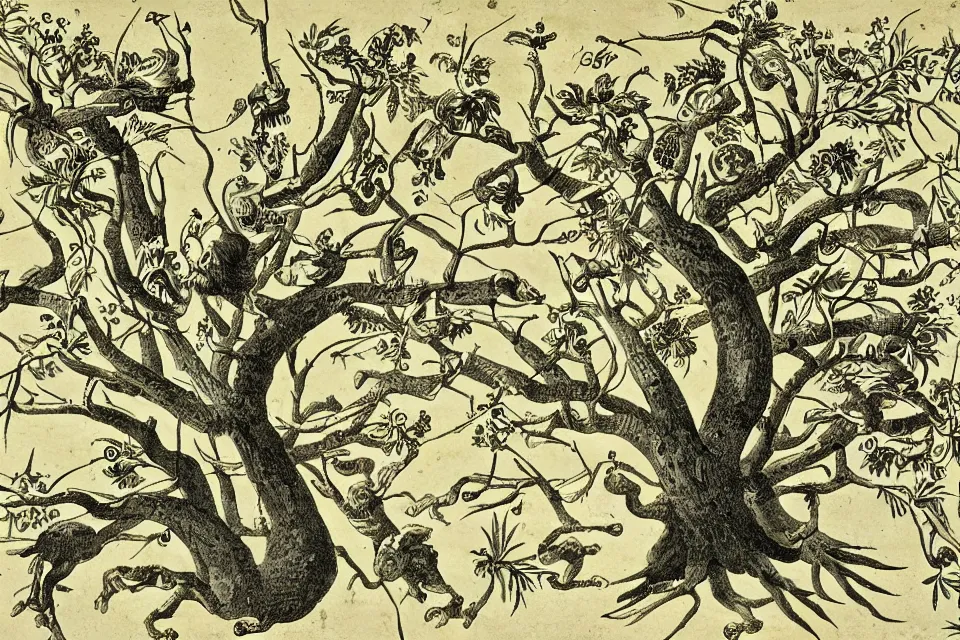 Prompt: detailed 18th century illustration of the evolutionary tree of fighter