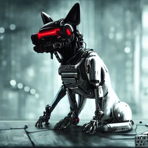 Prompt: Cyberpunk cyborg dog , digital art , highly detailed , high contrast, beautiful lighting, award winning , trending on art station, photorealistic, 8k