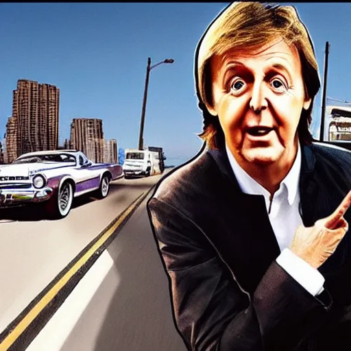 Prompt: Paul McCartney on a gta cover of the game, hyper realistic, HD, HQ, photo realistic