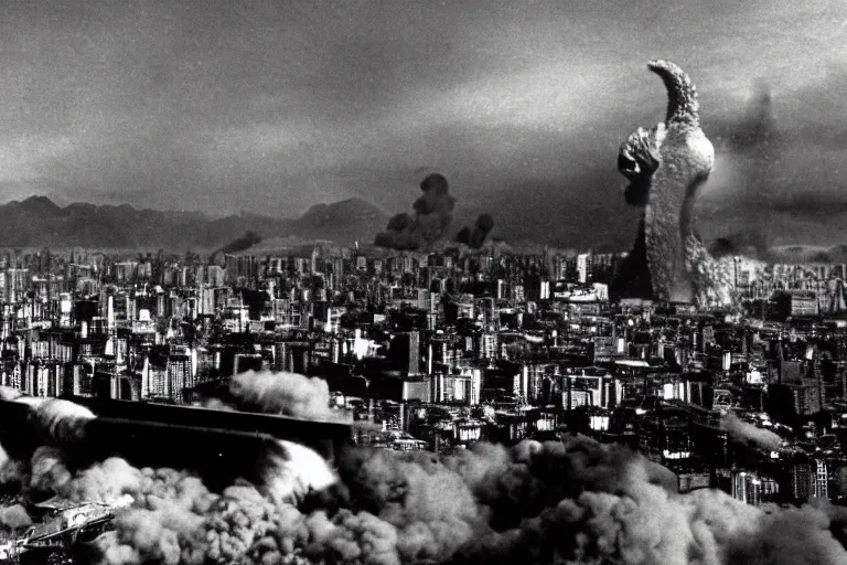 Prompt: a filmstill of Kim Jong-il, monster destroying Pyongyang, in Godzilla (1954) by Ishirō Honda, traditional Korean city, palace, epic ultrawide shot, cinémascope