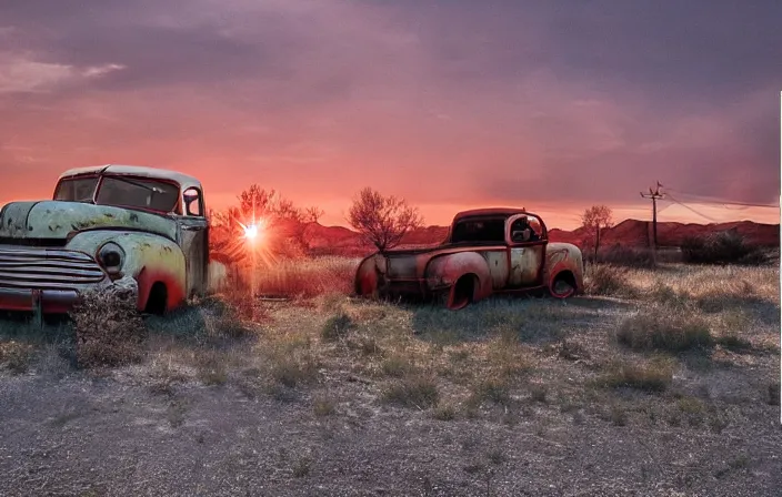 Image similar to A sunset light landscape with historical route66, abandoned gas station, old rusty pickup-truck, lots of sparkling details and sun ray’s, blinding backlight, smoke, volumetric lighting, octane, 35 mm, beautiful reflections, heavenly, softlight