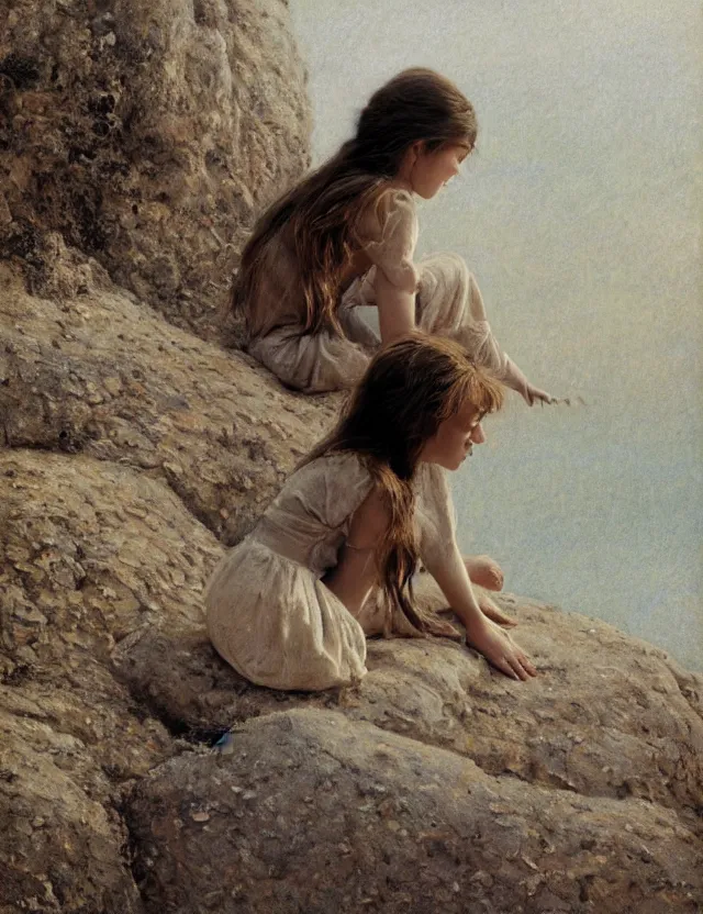 Prompt: peasant barefoot girl with blowing hair sitting on the edge of rock, cottage core, cinematic focus, polaroid photo bleached vintage pastel colors high - key lighting, soft lights, foggy, by steve hanks, by lisa yuskavage, by serov valentin, by tarkovsky, 8 k render, detailed, oil on canvas