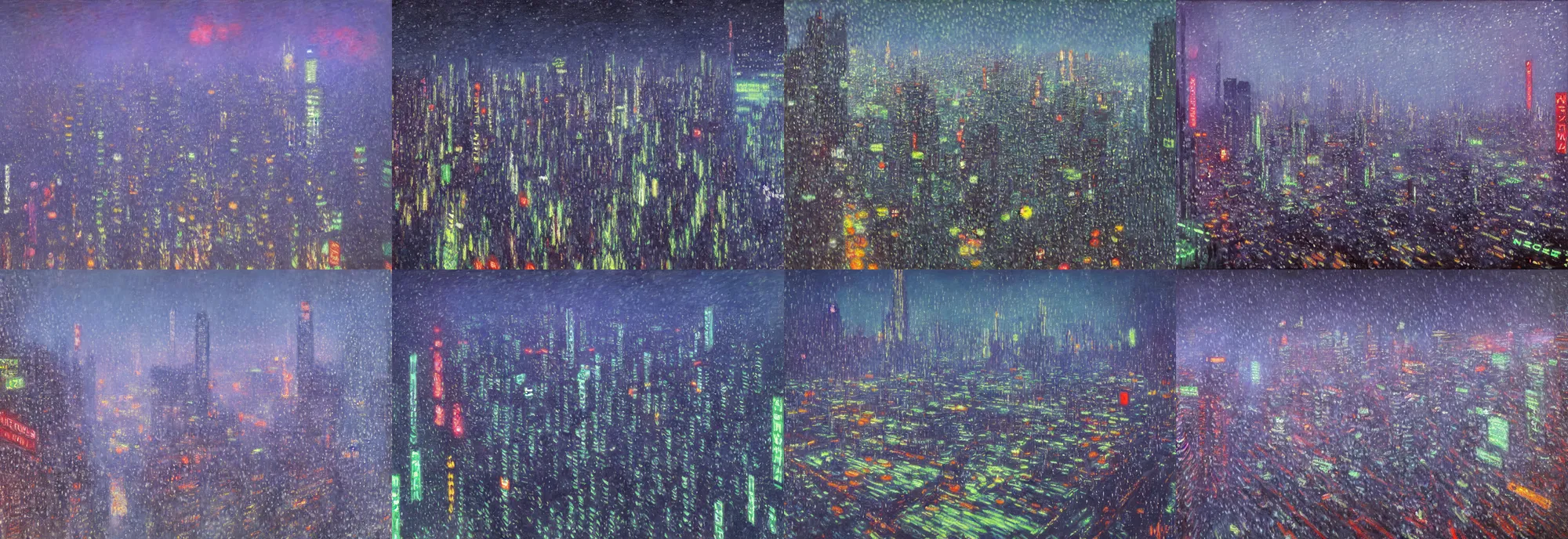 Prompt: Monet painting of snow falling on cyberpunk future Neo-Tokyo 20XX, megacity, dystopia, neon, architectural painting, view from above