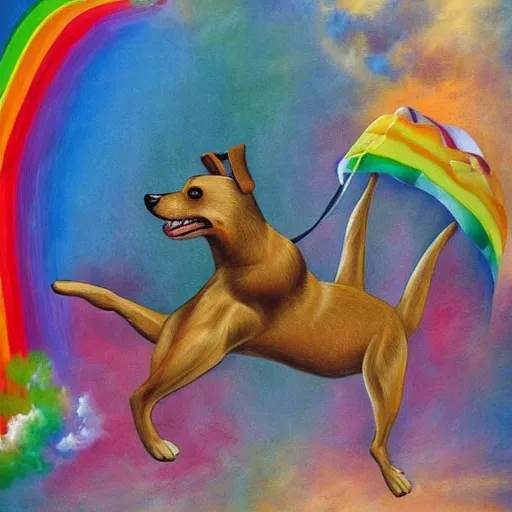 Prompt: a dog flying above a rainbow barroque painting