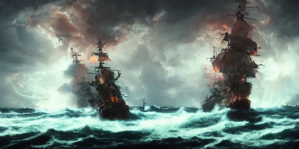 Image similar to photo of 8k ultra realistic ghost pirate ship on fire, swirling clouds and dramatic lighting, crashing waves, storm, lighting, full of colour, cinematic lighting, battered, trending on artstation, 4k, hyperrealistic, focused, extreme details,unreal engine 5, cinematic, masterpiece, art by Peter Mohrbacher