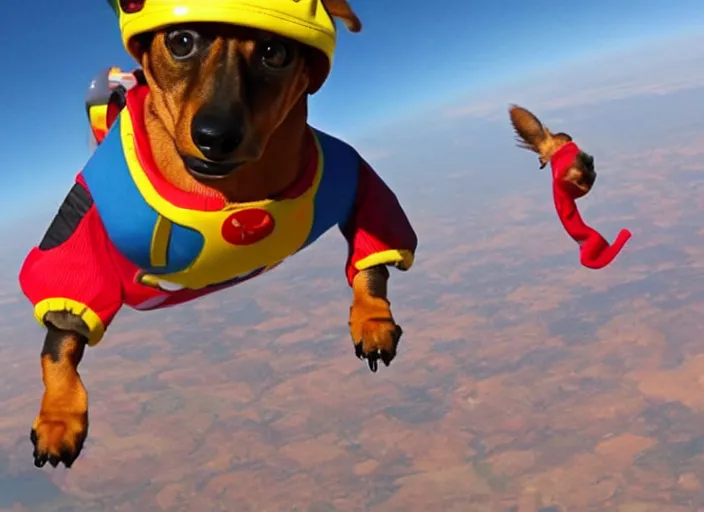 Image similar to Dachshund skydiving while dressed in a hotdog costume