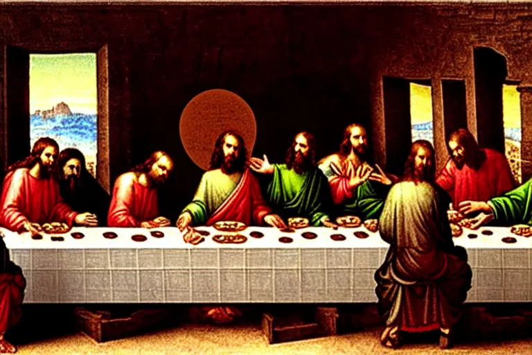 Prompt: programmer jesus christ programming a computer during the last supper by leonardo davinci