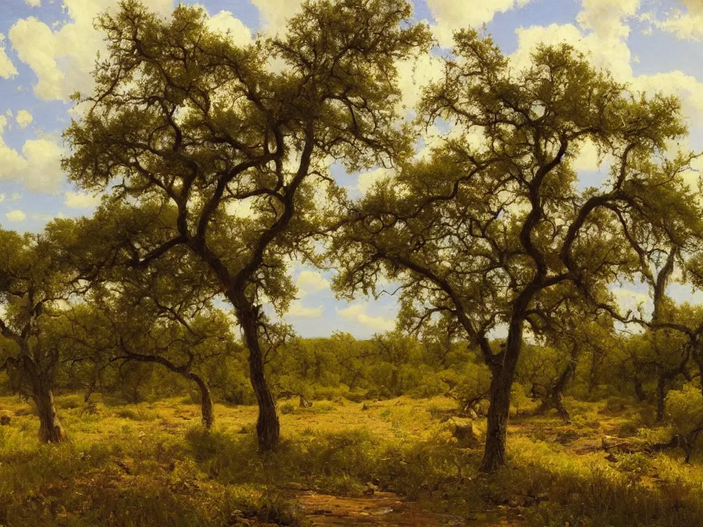 Prompt: a beautiful texas wilderness landscape, springtime morning, by julian onderdonk, oil on canvas, luminism, hyperrealism