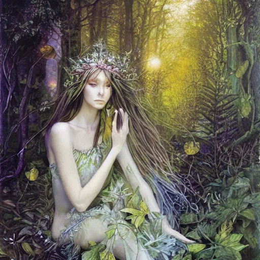 Image similar to fey queen of the summer forest, dress of leaves, fine features, thin, young, silver shimmering hair, by brian froud, dusk scene, night colors, oil on canvas, oil panting