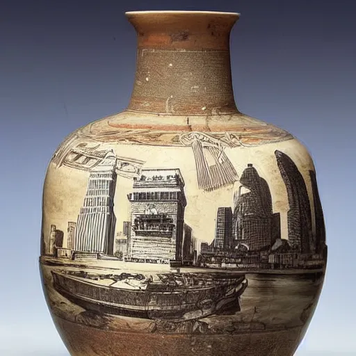 Prompt: a beautiful, ancient, greek amphora container, museum item, with drawings of new york's skyline