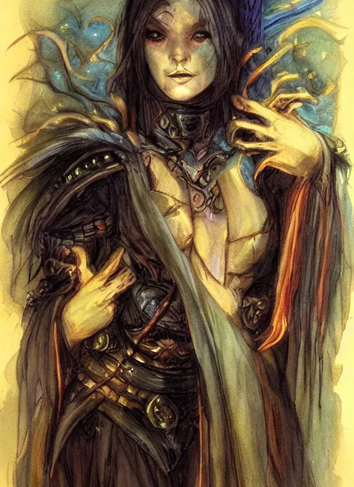 Image similar to portrait of young female sorceress of the endtimes, beautiful! coherent! dungeons and dragons character, by brian froud, strong line, night color, high contrast