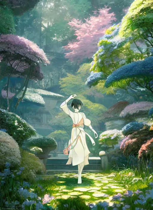 Image similar to genshin impact character klee in an enchanted garden, digital illustration, by makoto shinkai and ruan jia