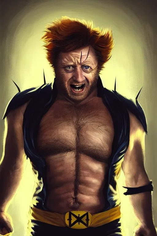 Image similar to Boris Johnson as movie Wolverine, claws are up, yellow X-man costume, Boris Johnson hairstyle, calm, grumpy, portrait, masculine figure, highly detailed, digital painting, artstation, concept art, smooth, sharp focus, illustration, cinematic lighting, art by artgerm and greg rutkowski and alphonse mucha