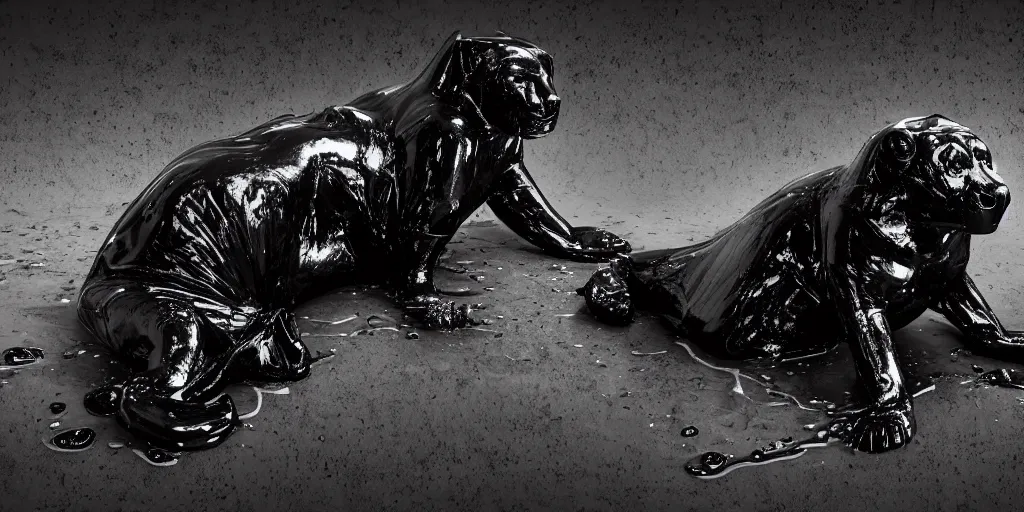 Prompt: a shiny black goo covered panther, panther made of black goo, goo panther, panther made of goo, latex shiny, laying on a tar, covered white couch in a living room, dripping and drooling black goo. digital art, photography, ferrofluid