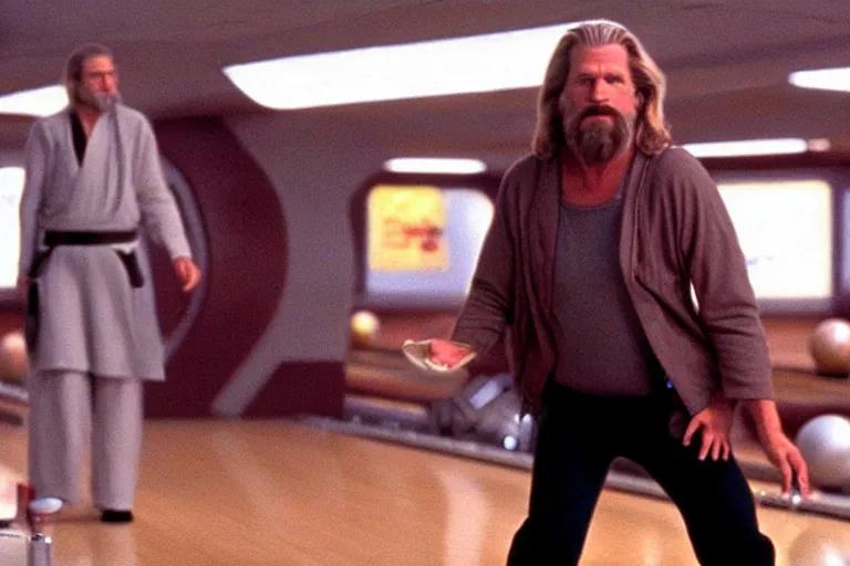 Image similar to a shot looking down a bowling lane of Jeff Bridges The Big Lebowski as a Jedi Bowling in Star Wars