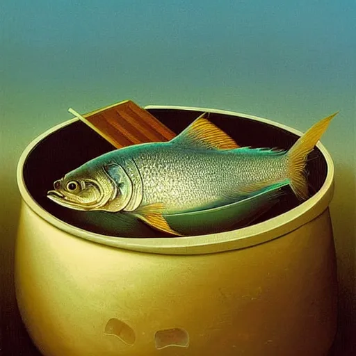 Image similar to a fish on the top of a pile of fish, inside a cooking pot, side view, by vladimir kush, dystopian aer, rococo