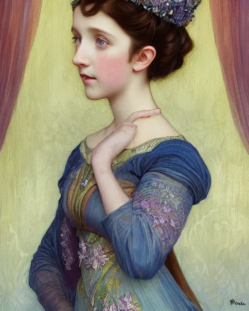 Image similar to a beautiful portrait painting of a shy, blushing princess in a tiara and an iridescent art nouveau gown resembling 1 4 - year old millie bobby brown watching the lantern festival, intricate, elegant, highly detailed, digital painting, artstation, concept art, by krenz cushart and artem demura and william adolph bouguereau and alphonse mucha