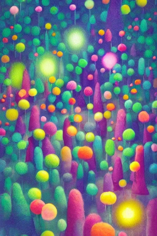 Image similar to a matte digital painting of a candy forest at night, bokeh, bright colours, watercolor, volumetric wool felting, macro photography, children illustration, by goro fujita