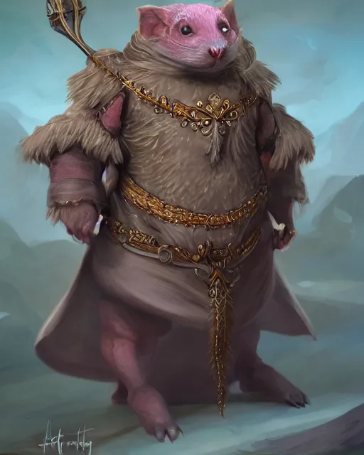 Image similar to High Fantasy whimsical portrait painting of a wise anthropomorphic humanoid mole, upper body, wearing fantasy formal clothing, wearing fantasy clothing, cgsociety, trending on artstation, dnd