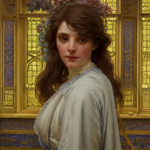 Image similar to a very detailed portrait painting of Isabelle, a very detailed french room, a very detailed dramatic sky, light particles, environment drawn by Donato Giancola and Tom Bagshaw, Edmund Leighton, character design by Alphonse Mucha, 4k, volumetric lighting, komorebi, award winning, octane render, hyperrealistic