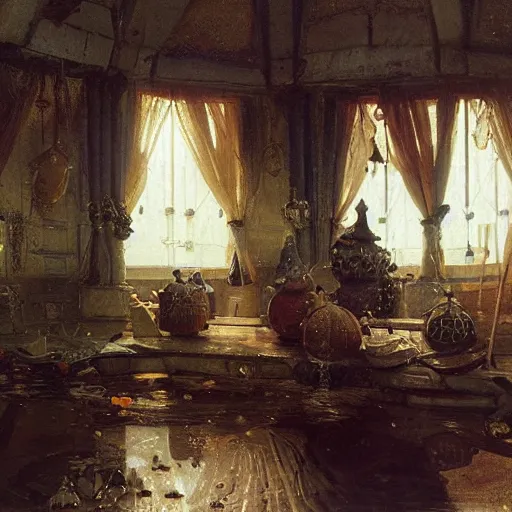 Prompt: detailed painting of a living pod architecture, gems ornaments, andreas achenbach