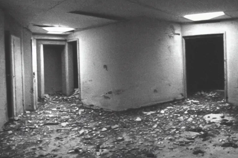 Image similar to 1 9 9 0 s security cam found footage of an abandoned soviet town with a male humanoid shadow monster, liminal space, backrooms, scp, film grain, rundown, eerie, dark lighting, 3 5 mm, realistic, photograph