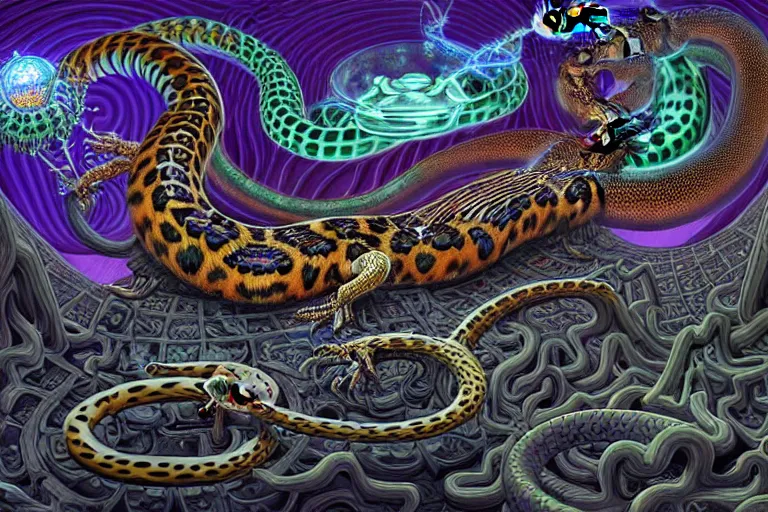 Image similar to a detailed digital art painting of a cyberpunk magick oni dragon with occult futuristic effigy of a beautiful field of mushrooms that is a adorable leopard atomic latent snakes in between ferret biomorphic molecular hallucinations in the style of escher, alex grey, stephen gammell inspired by realism, symbolism, magical realism and dark fantasy, crisp,