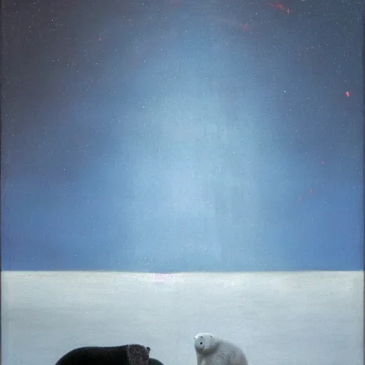 Image similar to the epic abstract painting'blue arctic void with black and red aurora borealis above a tiny polar bear family ', by caspar david friedrich!!!, by rothko!!!, stunning masterpiece, trending on artstation