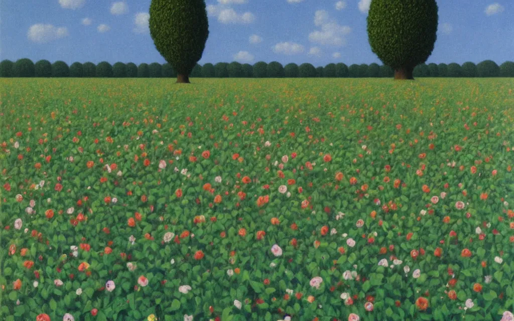 Prompt: grim reape with no face looking at you in distance in beautiful meadow of flowers, detailed painting by rene magritte