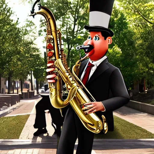 Image similar to an anthropomorphic saxophone playing another saxophone